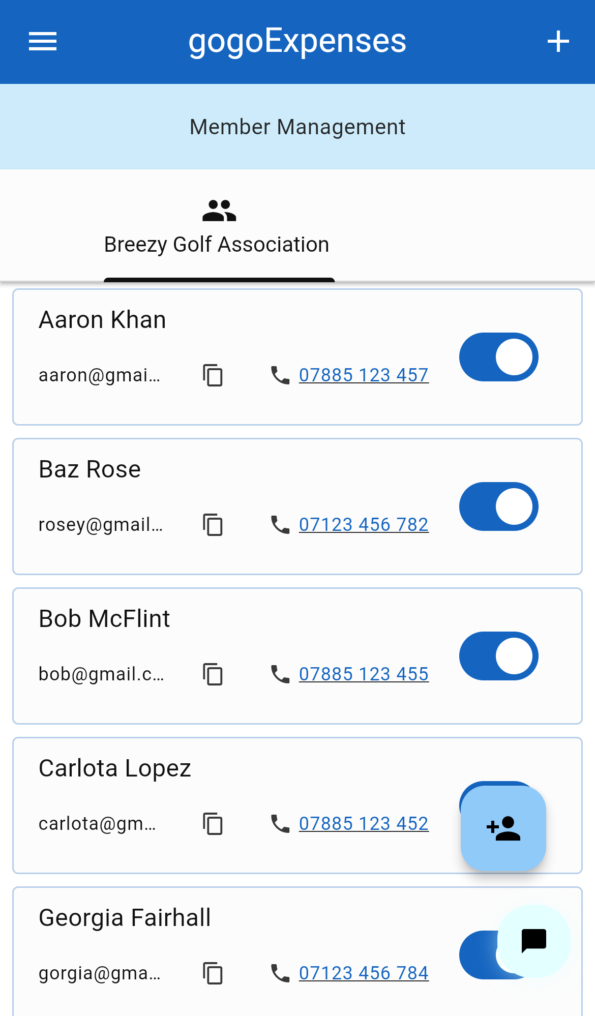 gogo-Expenses Member Management screen